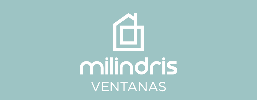 Logo de Milindris Ventanas con un ícono de casa y ventana sobre un fondo verde pálido.