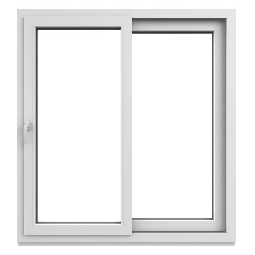 Ventana de PVC blanca de doble hoja con diseño limpio y manija discreta.