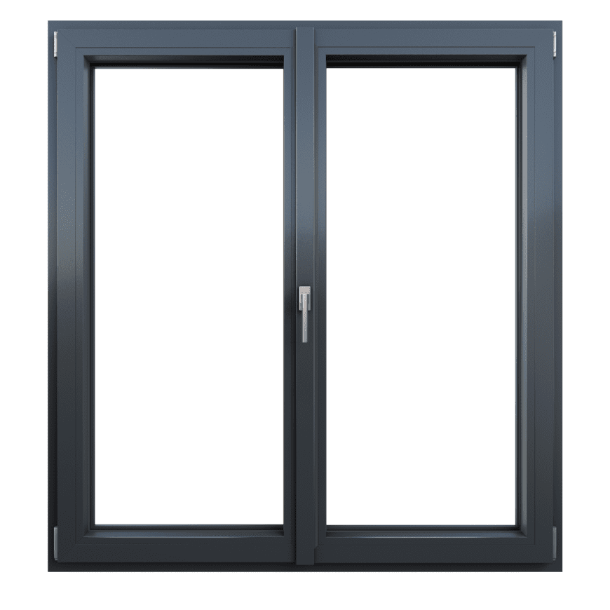 Ventana de PVC gris oscuro de doble hoja con diseño contemporáneo.