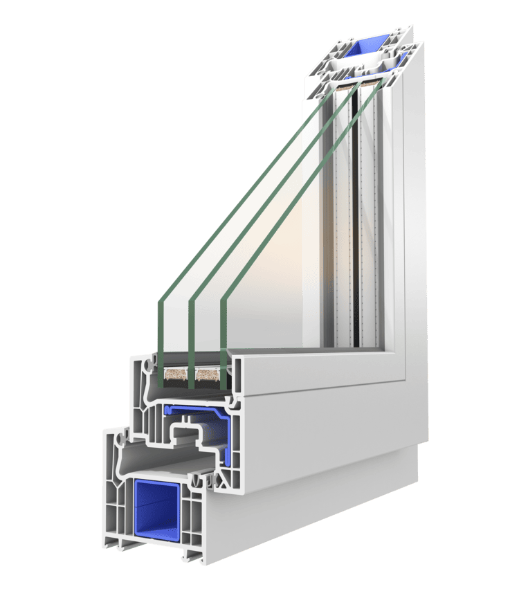 Sección transversal de una ventana de PVC que muestra su estructura y capas aislantes.